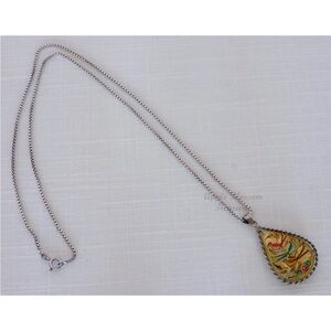 Vtg Middle Eastern Persian Hand Painted MOP & SS Storyteller Pendant Necklace